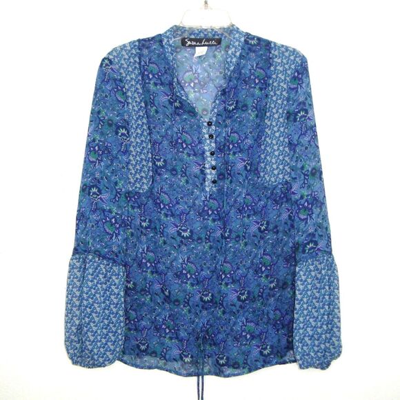 Susan Lucci Boho Blue Floral Chiffon 1/4 Button Front Long Sleeve Blouse Size L - Picture 1 of 11